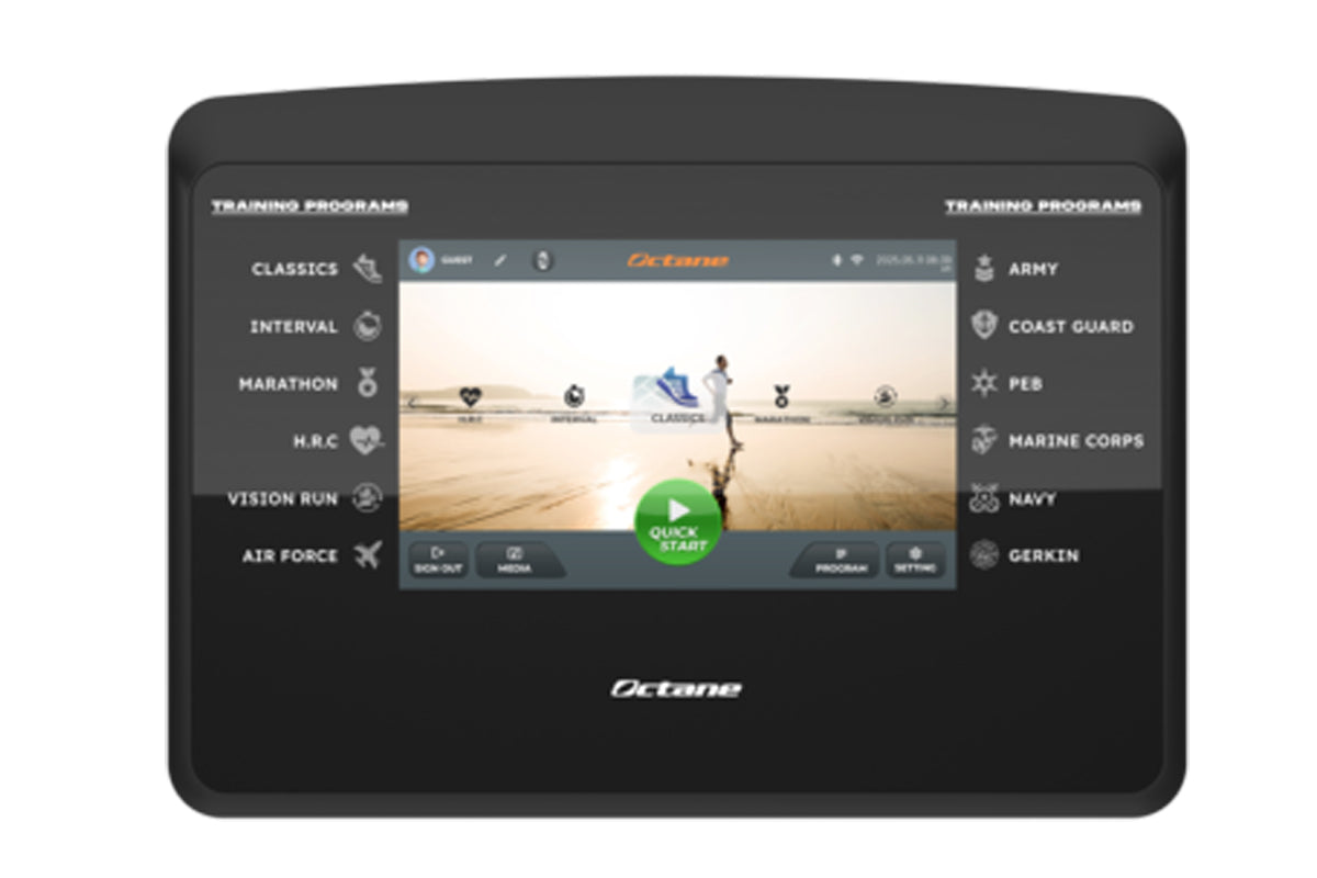 Black Octane treadmill with 10-inch touchscreen displaying training programs including Classics, Interval, Marathon, and mili