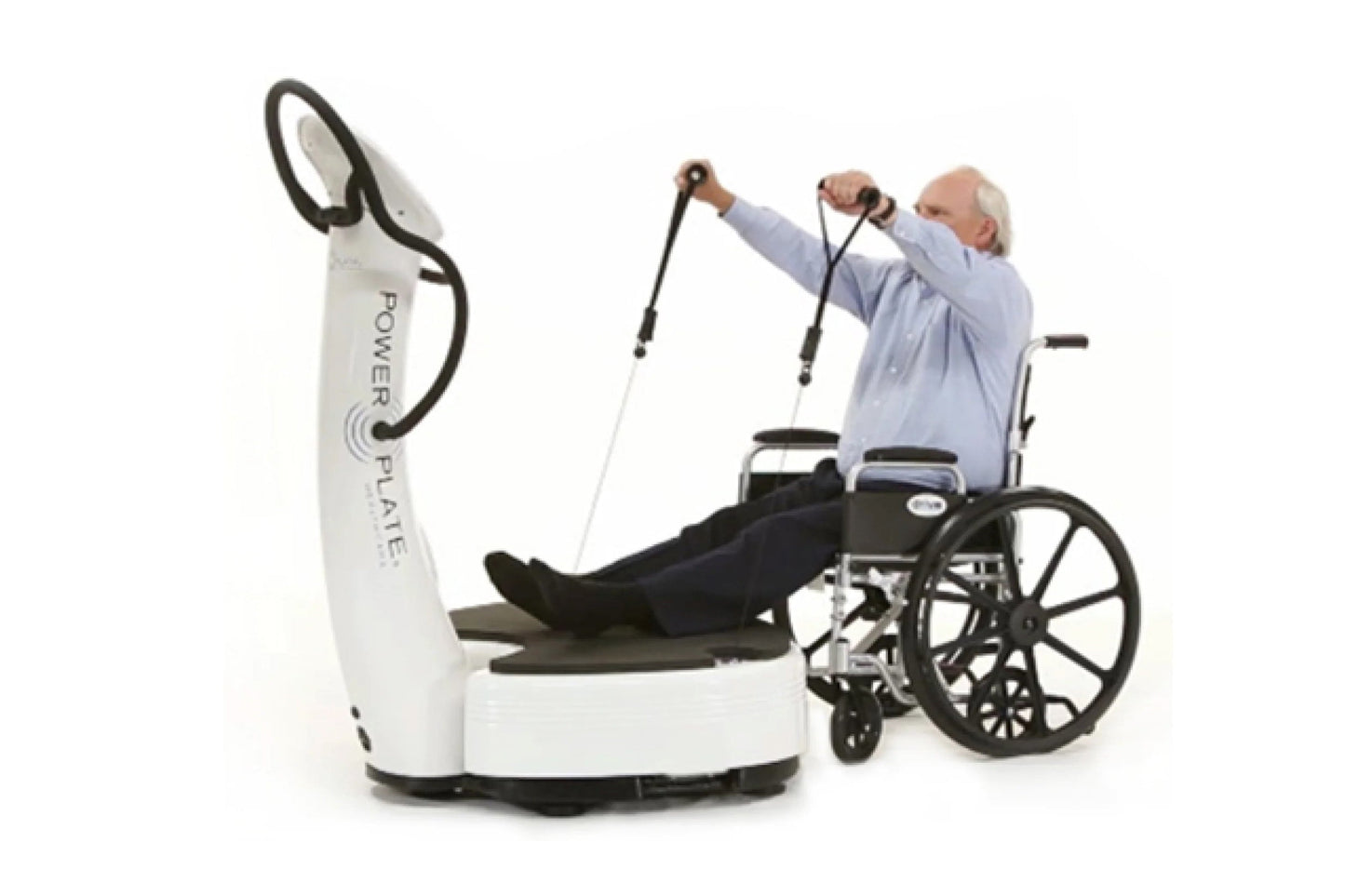 White and black Power Plate vibration plate machine with man in wheelchair using resistance cords for upper body exercise