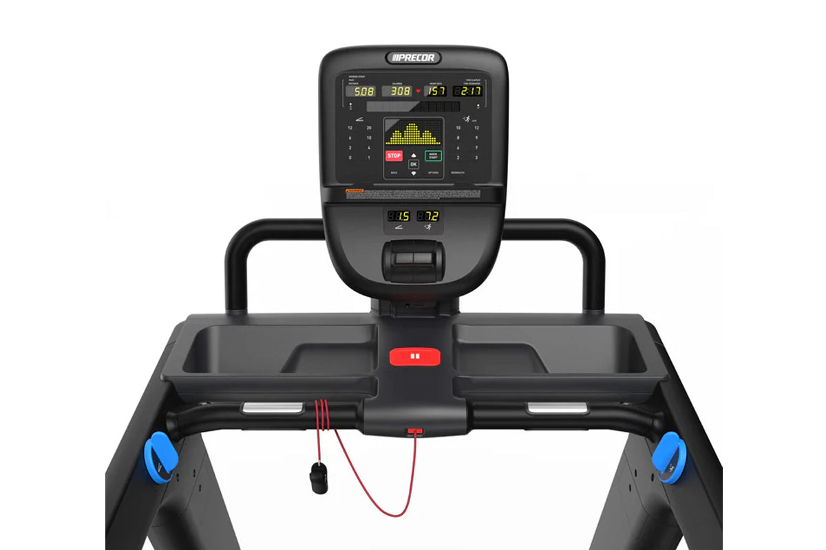 Black Precor treadmill with digital console displaying metrics, yellow graph visualization, red emergency stop button, and bl
