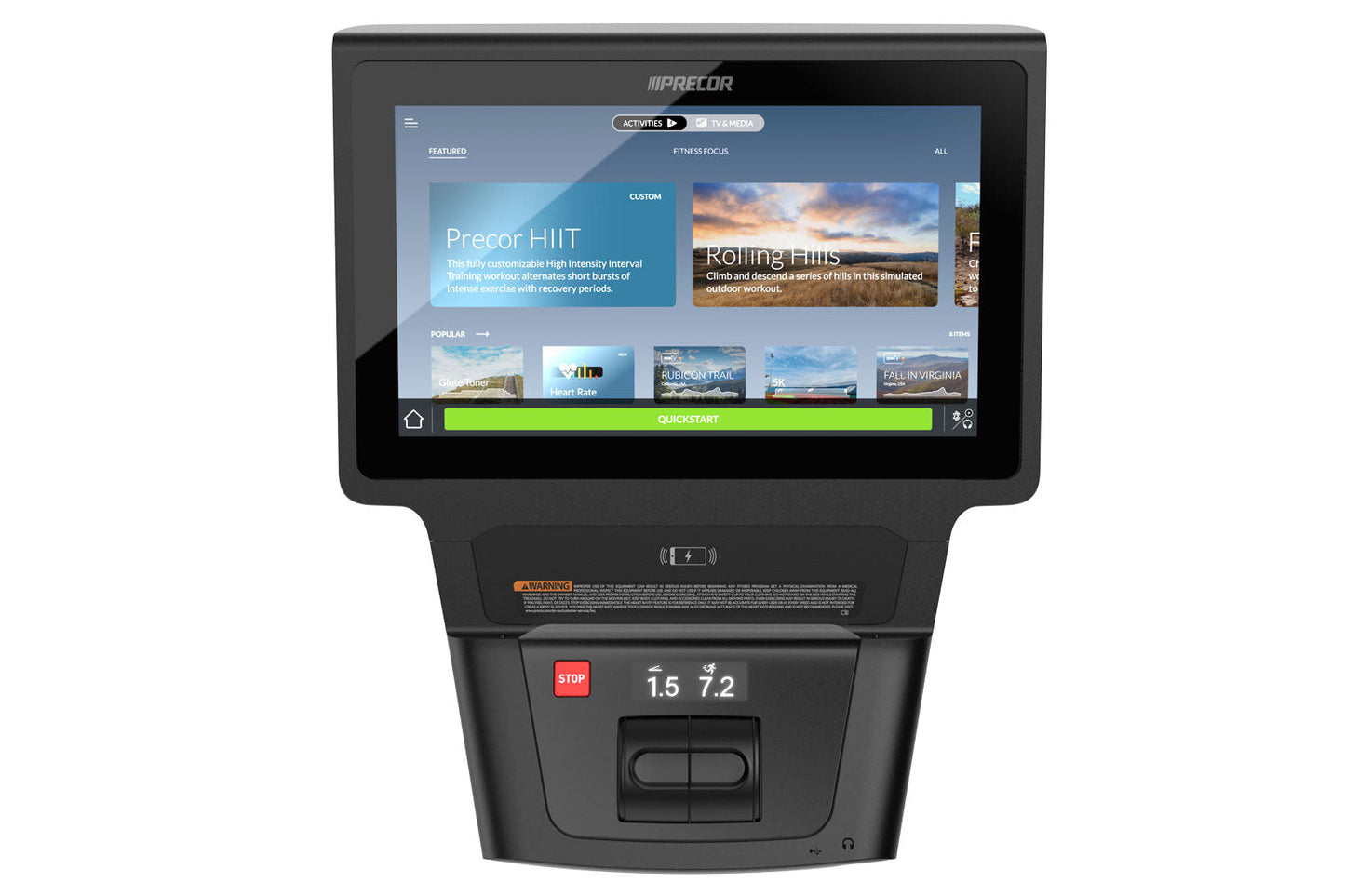 Black Precor elliptical machine with touchscreen console displaying workout menu, stop button, and digital display showing me