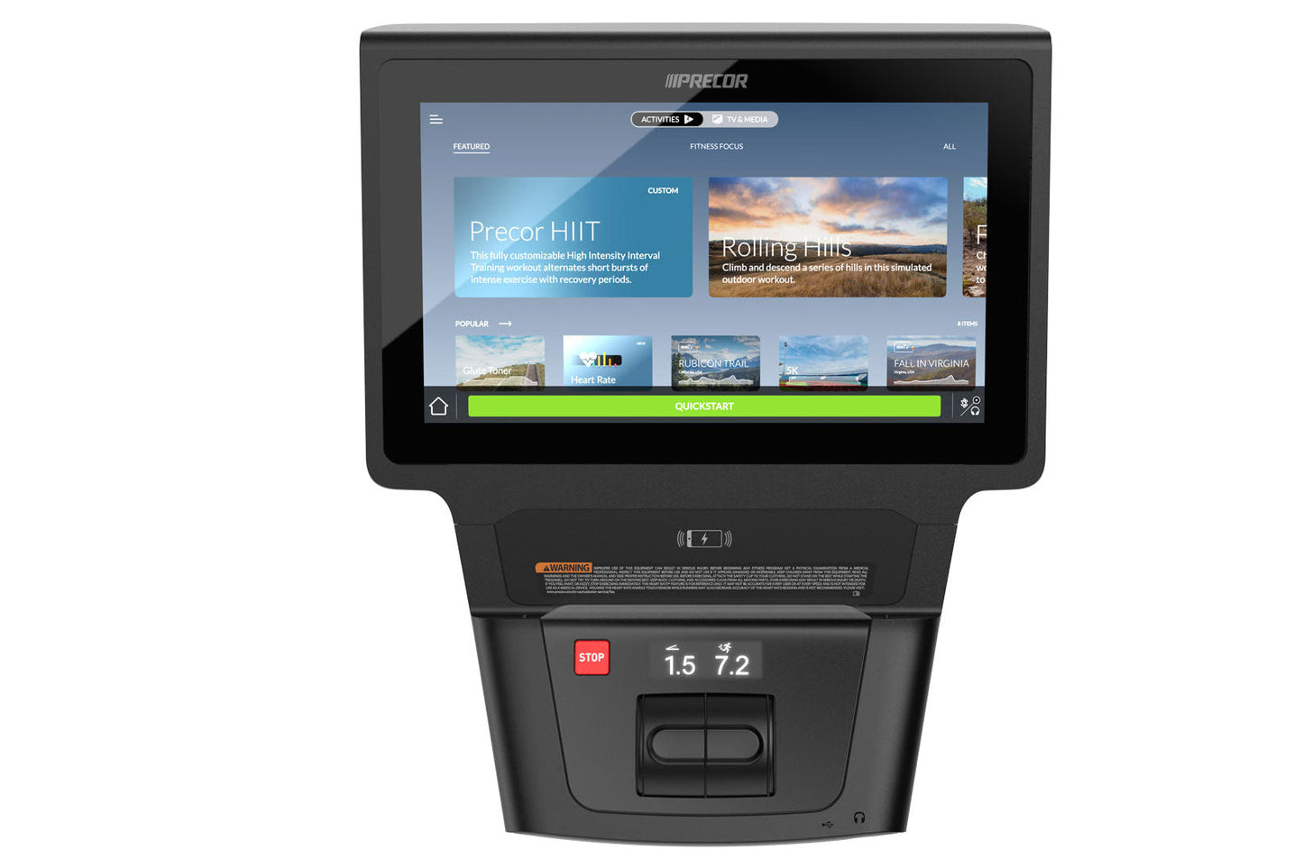 Precor exercise machine with black base and touchscreen console displaying workout activities including HIIT and rolling hill