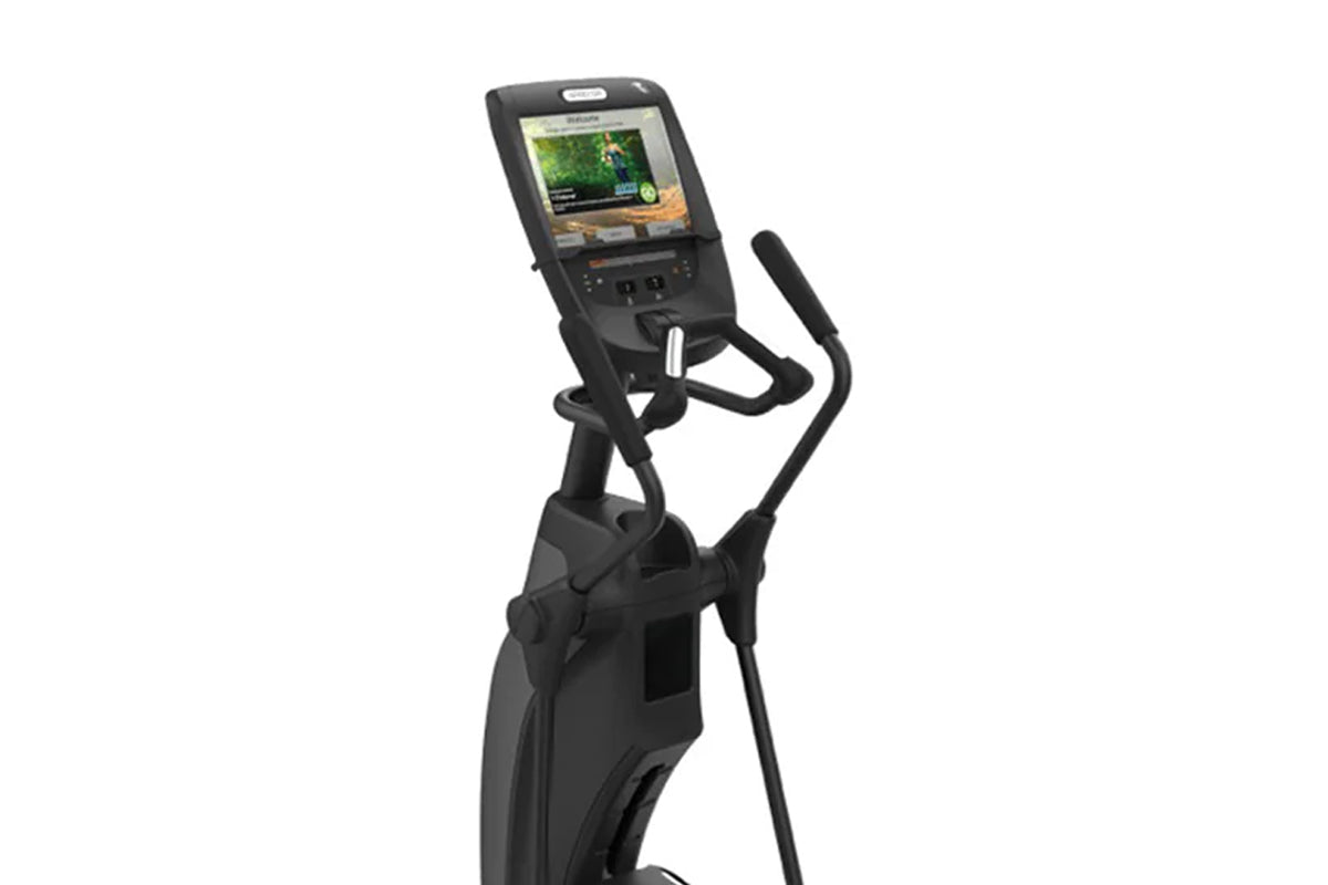 Black elliptical machine with digital display console showing workout metrics, isolated on white background