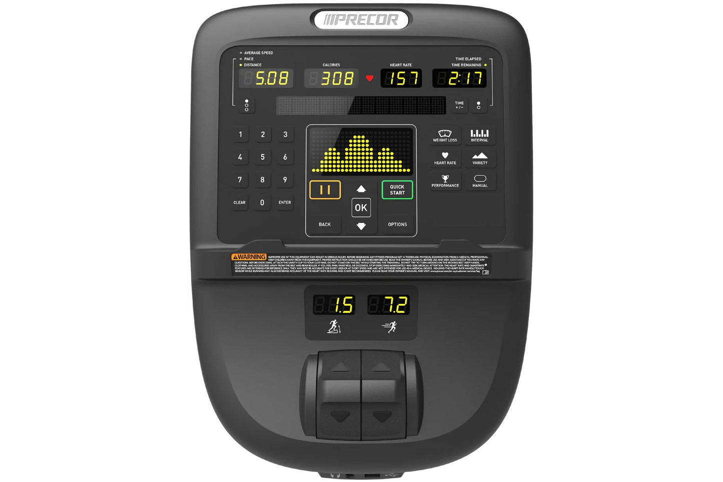 Precor EFX 800 elliptical machine console with black body, yellow digital display showing workout metrics, numeric keypad, an