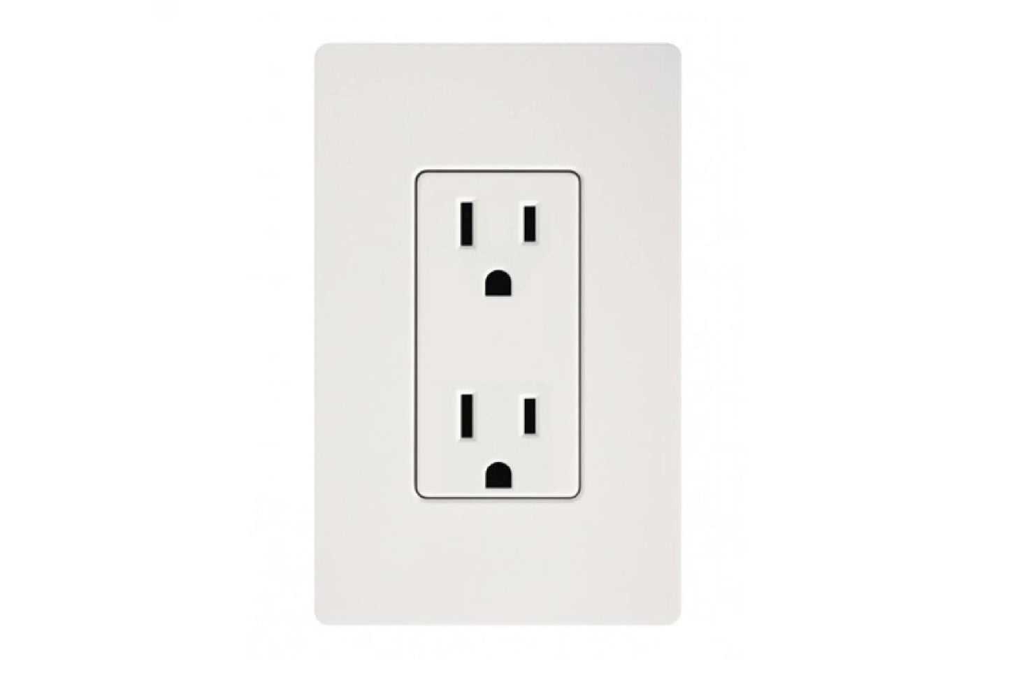White electrical outlet with two stacked receptacles and black slots on light gray wall plate