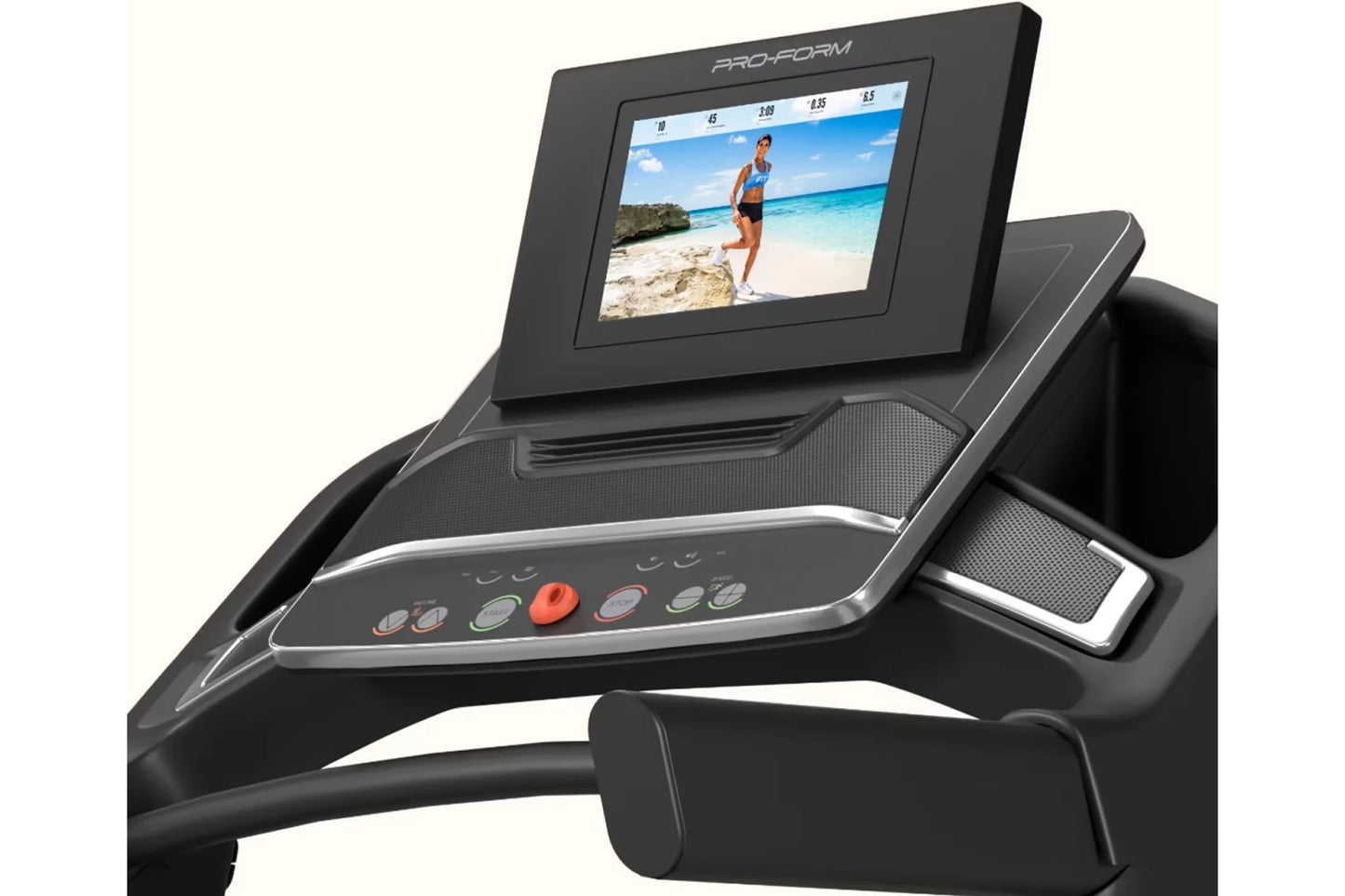 ProForm Carbon Pro 2000 treadmill with black frame, LCD touchscreen display showing fitness workout video, control panel with