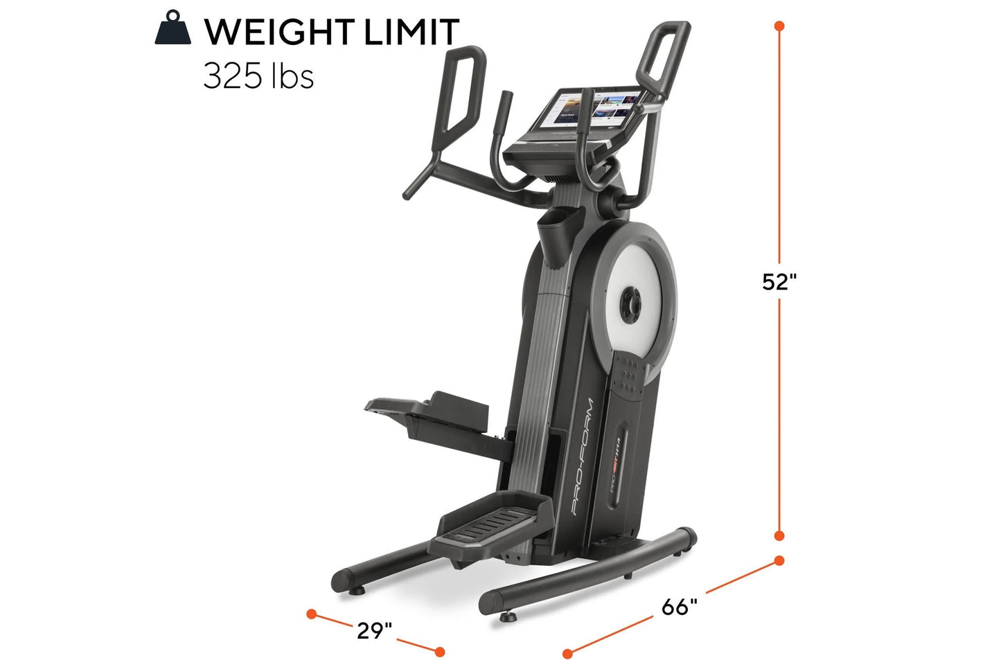 ProForm Pro HIIT H14 elliptical machine with black frame, white flywheel, dual handles, and digital console display on white