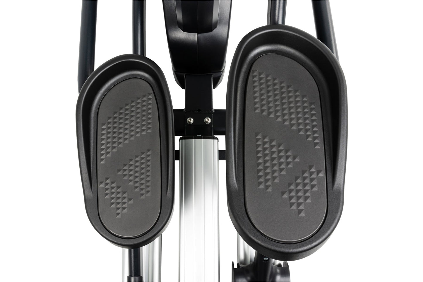 Black and silver elliptical machine with textured oval foot pedals and adjustable arms, overhead view on white background