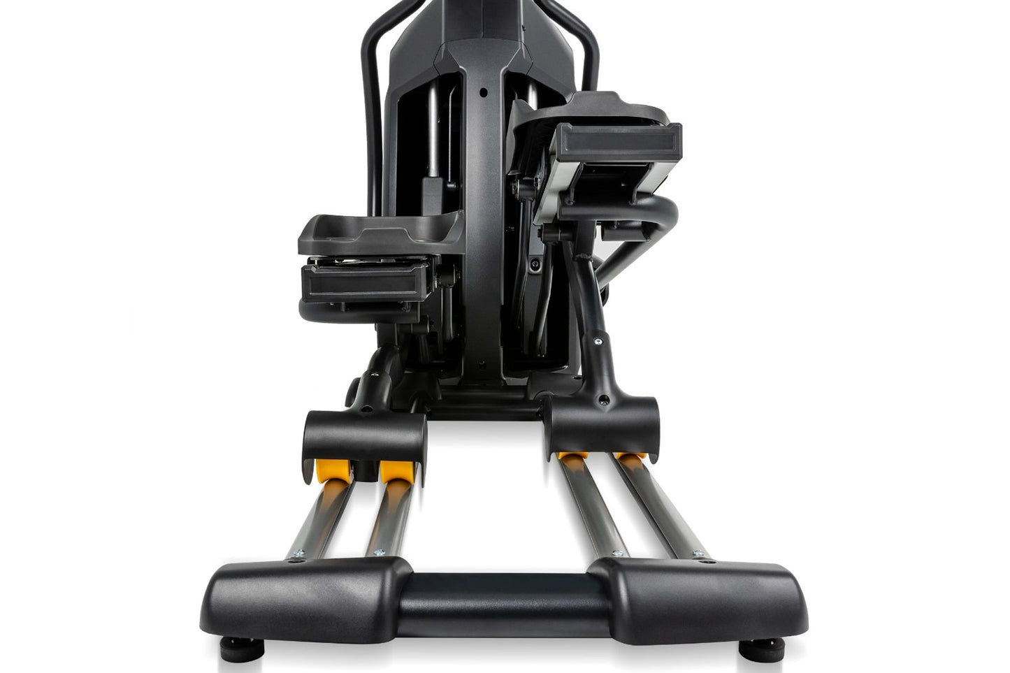 Black and gray elliptical machine with orange accents, dual handle bars, and footpads on white background