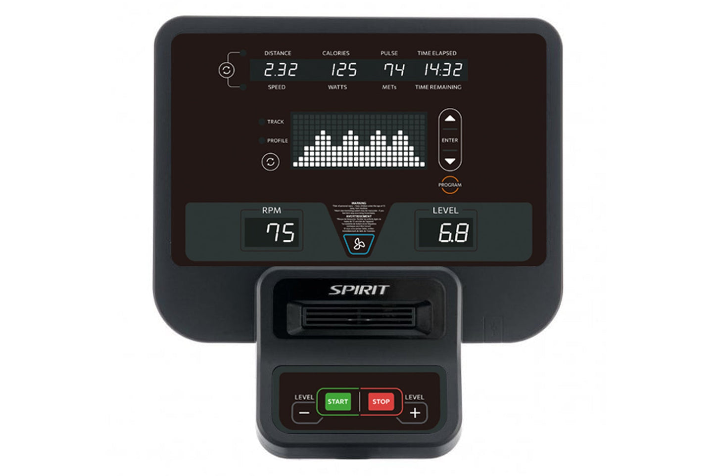 Spirit CES880 Suspension Elliptical console display showing distance, calories, pulse, speed, watts, and RPM metrics with ill