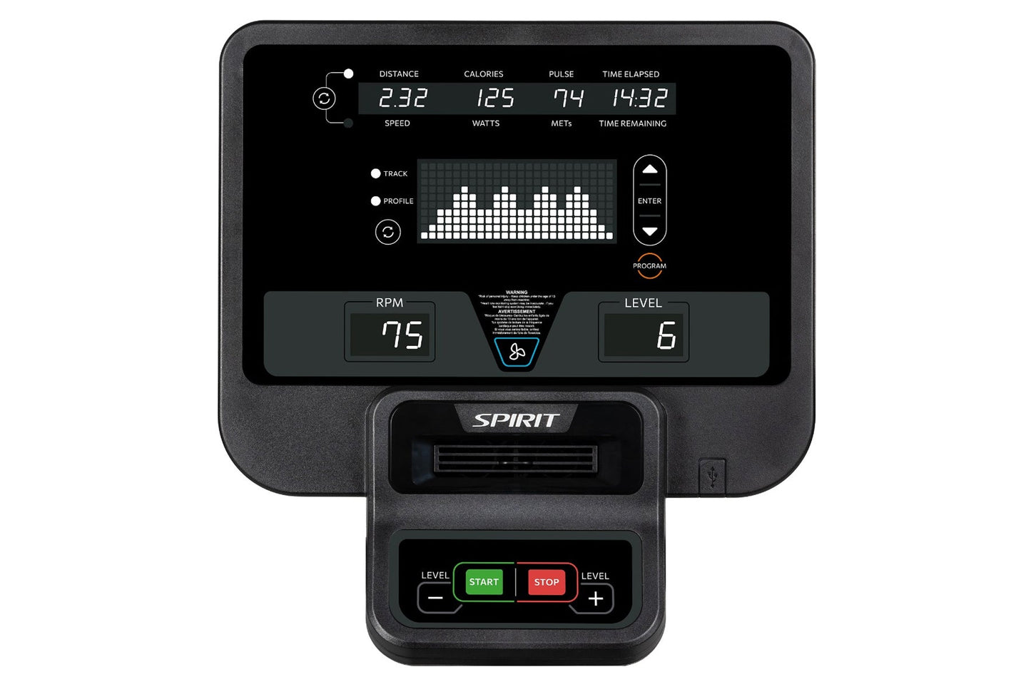 Spirit CR800 recumbent bike console displaying distance, calories, pulse, speed, watts, METs, and time metrics with RPM and l
