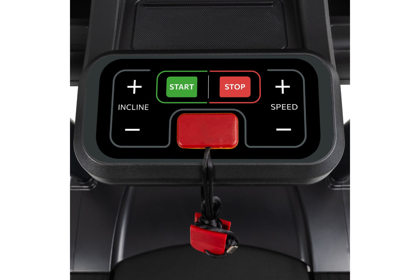 Black treadmill console with green Start button, red Stop button, and controls for incline and speed adjustment, flat lay vie