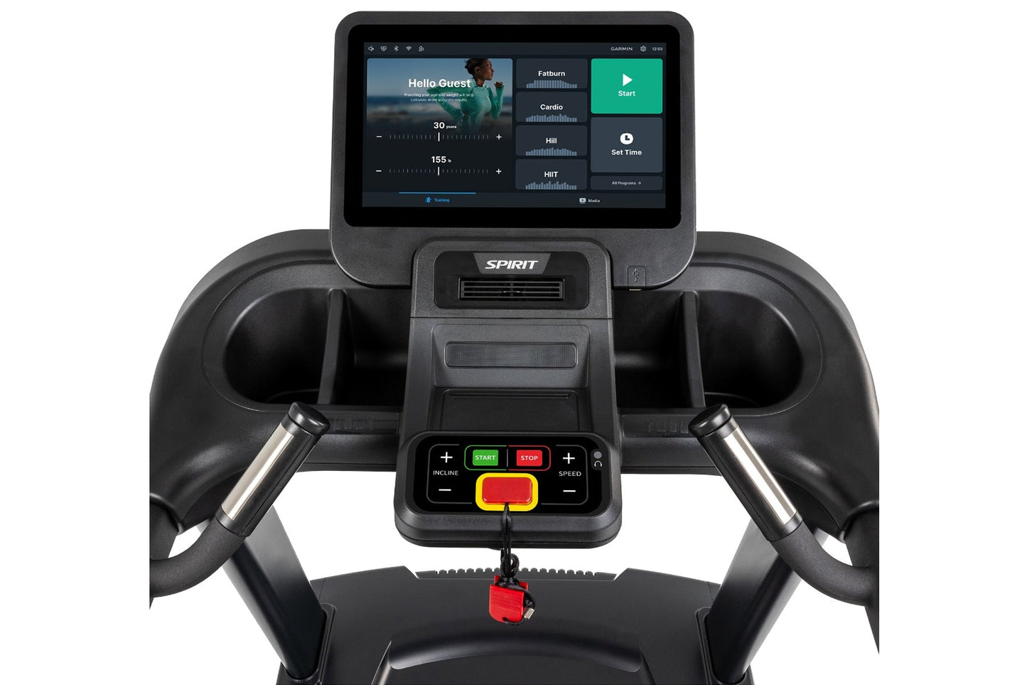 Spirit CT850ENT treadmill with black frame, dual chrome handles, touchscreen display showing workout interface with Start but