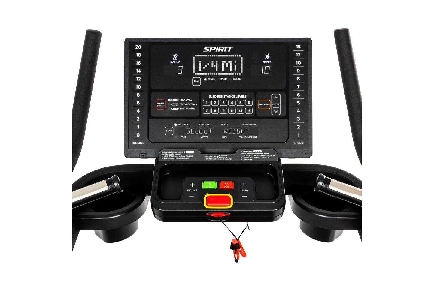 Spirit CTSBS900 sled treadmill console and handlebar controls, flat lay on white background