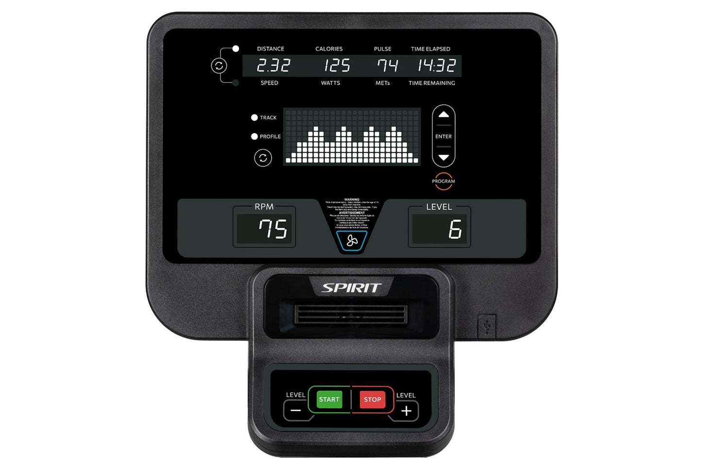 Spirit CU800 upright exercise bike console displaying distance, calories, pulse, speed, watts, and METs metrics with RPM and