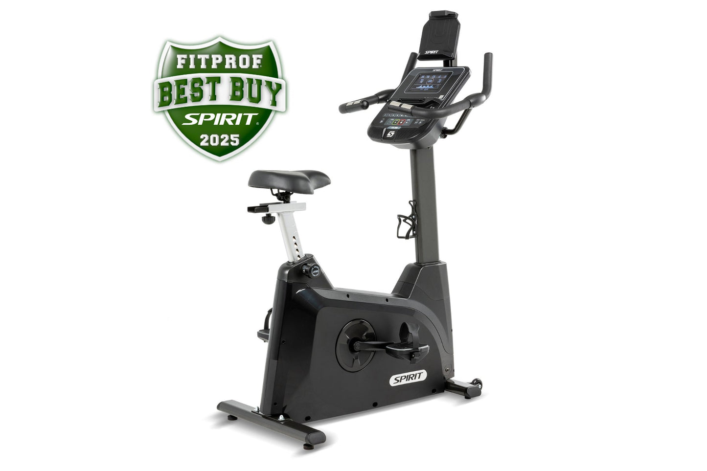 Spirit XBU55 black upright exercise bike with digital display console and gray adjustable seat on white background