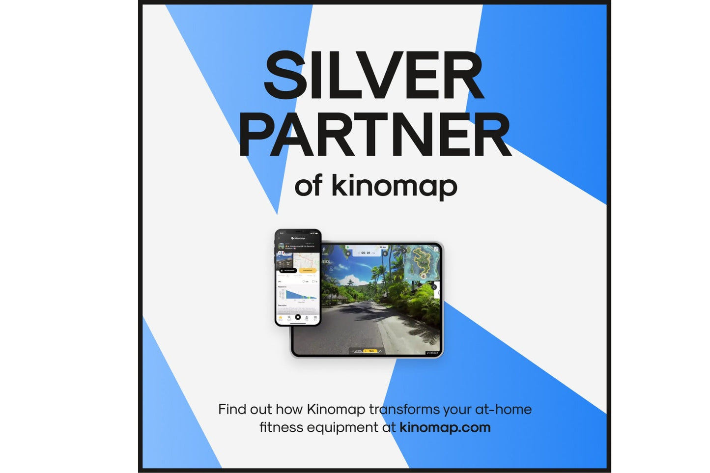 Kinomap Silver Partner badge with app screenshot on phone and tablet