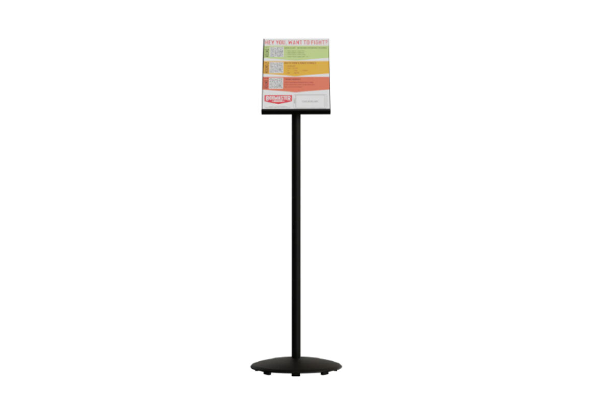 Black stand with a colorful sign