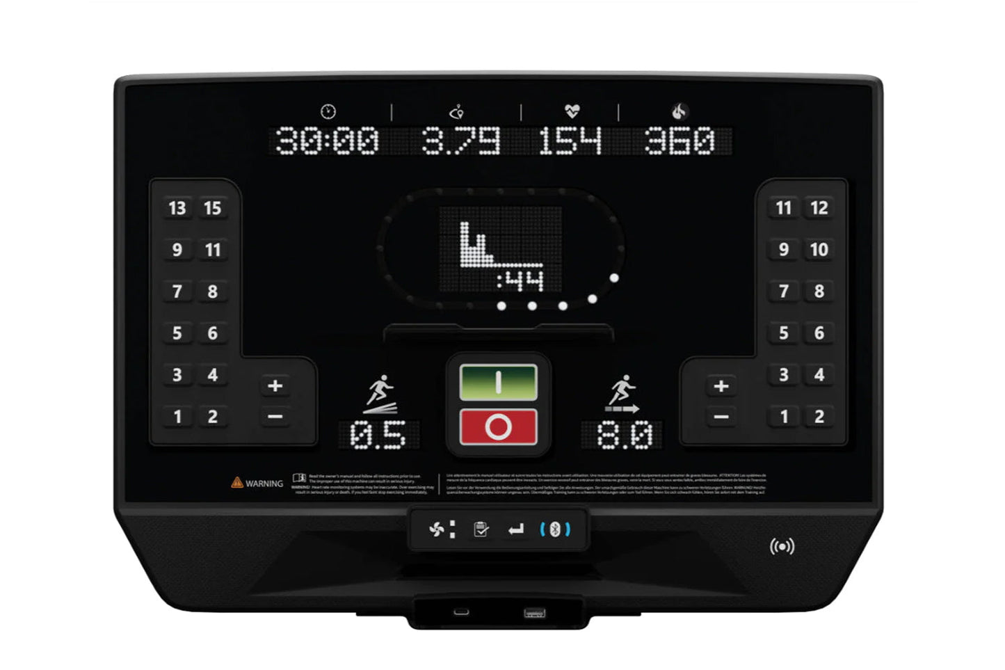 Star Trac 8TRx treadmill with black digital console displaying workout metrics, numbered side panels, and red emergency stop