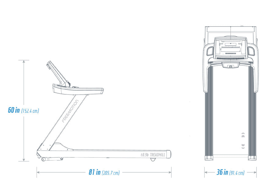 Freemotion t8.9b treadmill with dimensions, side view showing 60-inch height and 81-inch length, front view 36 inches wide wi