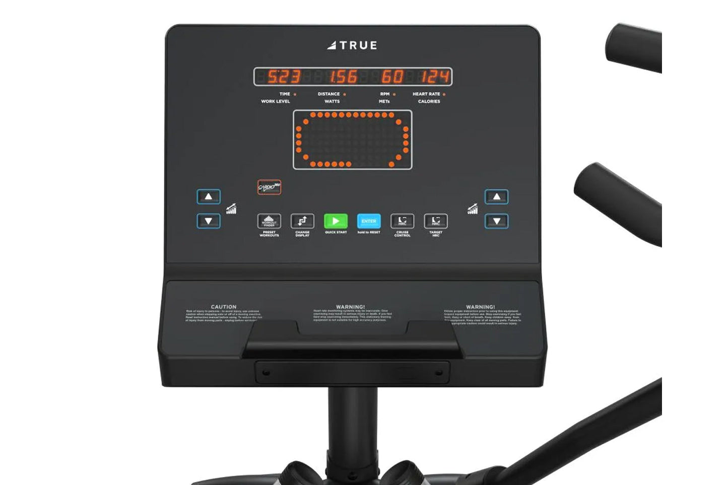 True M50 elliptical machine with black frame, digital console displaying orange metrics for time, distance, watts, and heart