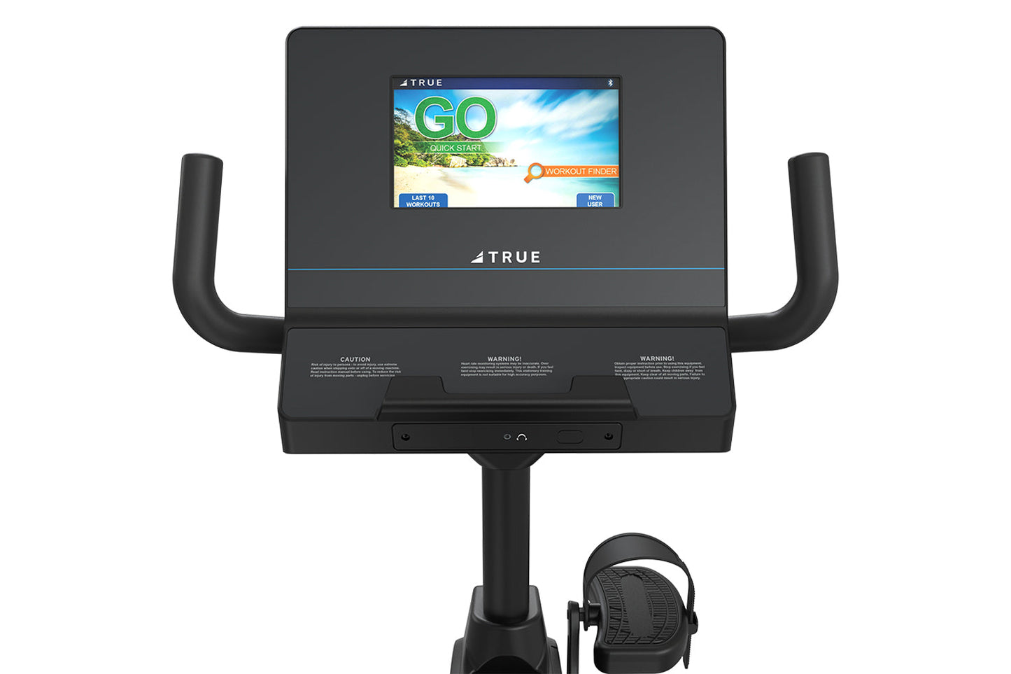 True Performance Series recumbent exercise bike with black frame, dual handles, and touchscreen display showing workout inter