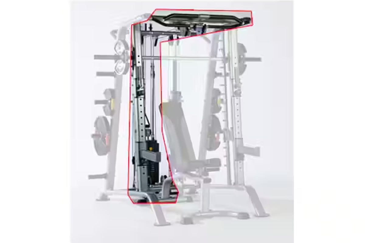Tuffstuff Hi/Lo Pulley System with 200lb weight stack, black and gray frame with red outline highlight on white background