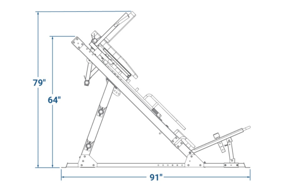 TuffStuff Leg Press/Hack Squat machine with technical line drawing showing dimensions of 79" height, 64" seat height, and 91"
