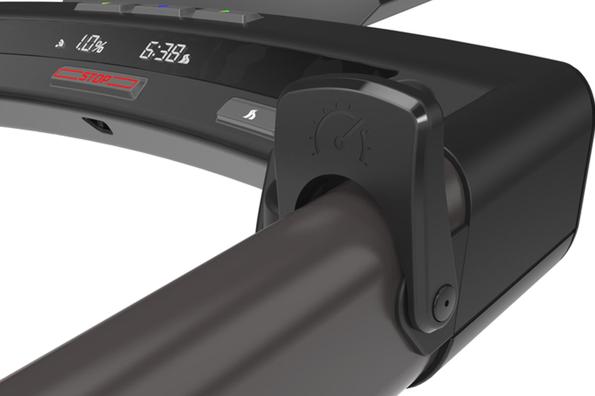 Black KICKR RUN smart treadmill with digital display showing speed and incline controls, close-up detail view