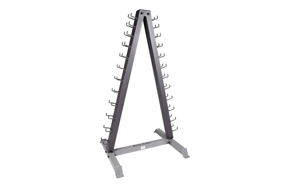 Warrior 12-pair vertical dumbbell rack with black and gray steel frame and triangular base design on white background