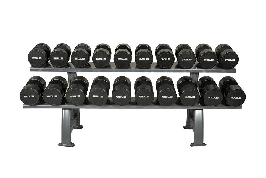 Two-tier black dumbbell rack holding multiple round weights labeled 5LB through 10LB, with gray metal frame and legs on white