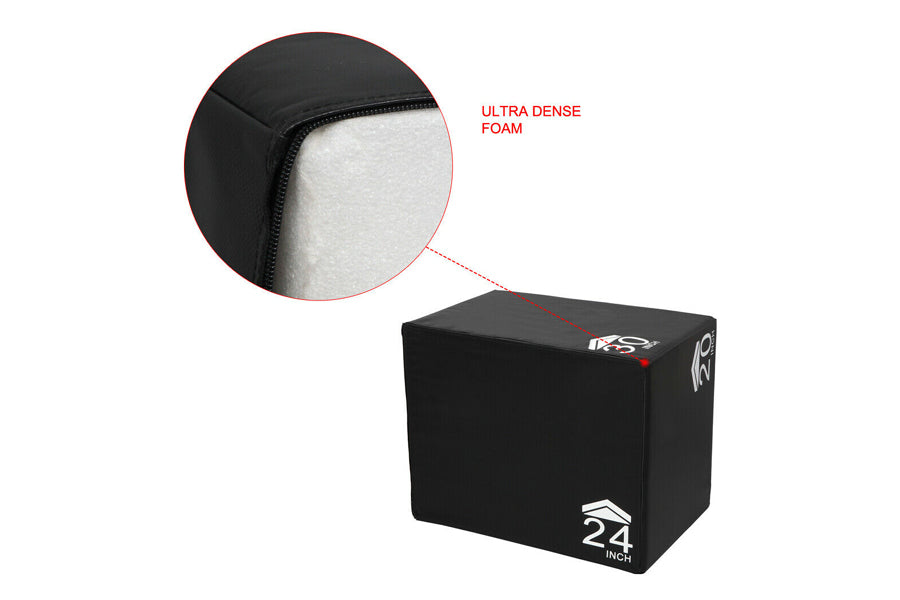 Black fabric 24-inch plyo box with ultra dense foam interior, shown with circular detail callout of cushioned edge material