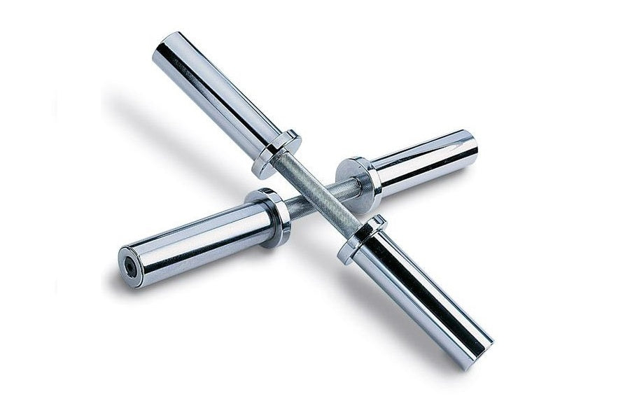 Warrior Olympic dumbbell handles in polished chrome with textured grip, arranged in cross formation on white background