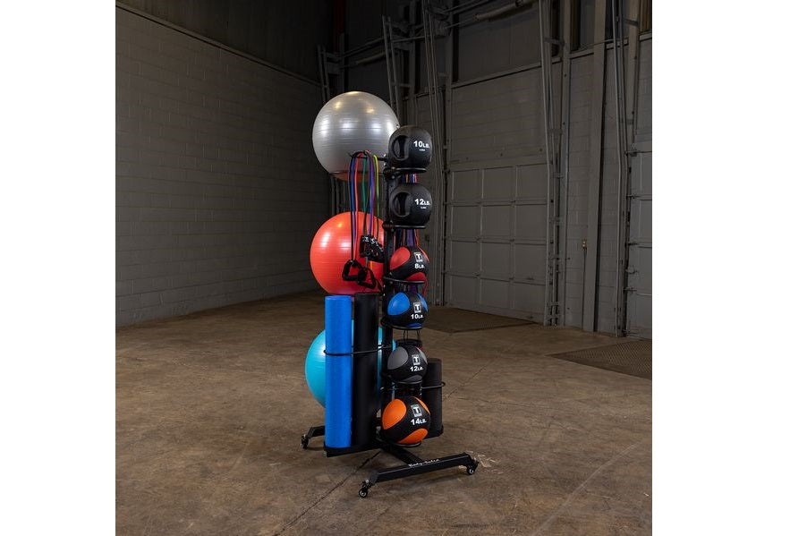 Warrior multi-accessory storage rack holding stability balls, medicine balls, resistance bands, and dumbbells, displayed in g