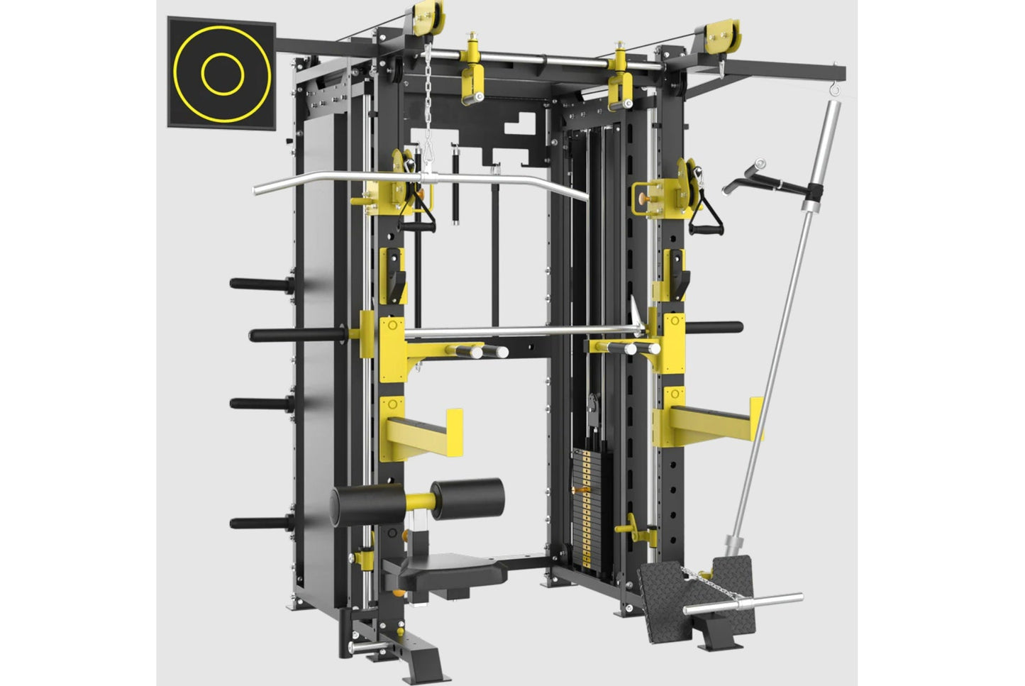 Black and yellow multi-functional trainer with Smith machine, cable pulleys, barbell stations, and leg press attachment on wh