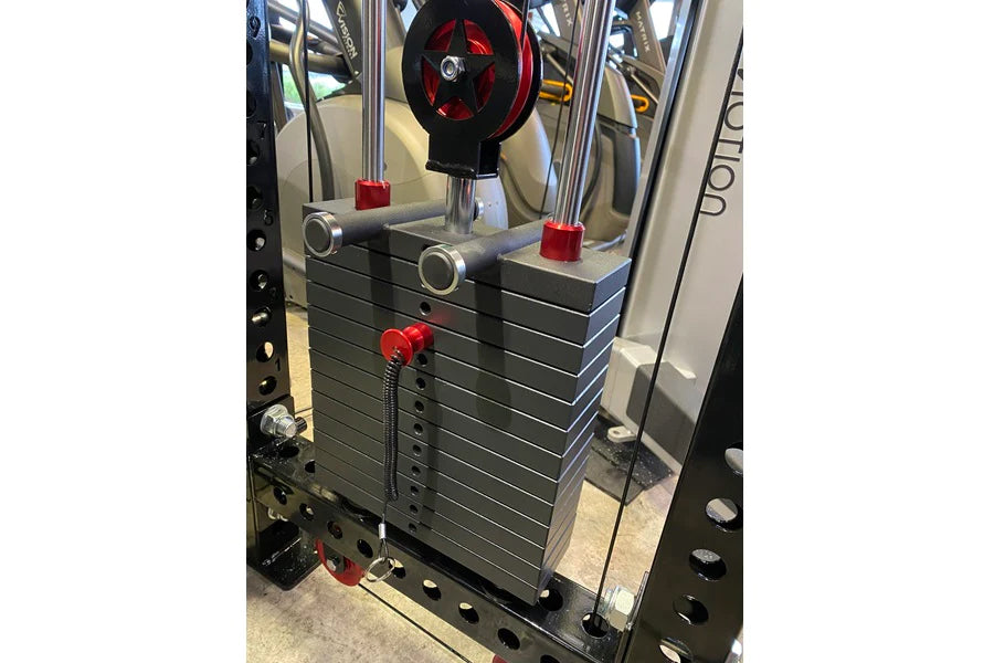 Black cable crossover pulley system with red accents, dual weight stacks, and lat pulldown attachment mounted on frame