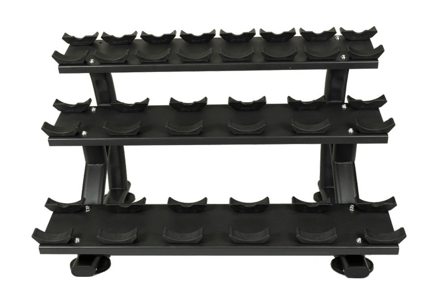 Three-tier black dumbbell rack with curved saddle holders for 10 pairs, featuring sturdy metal frame and support legs on whit