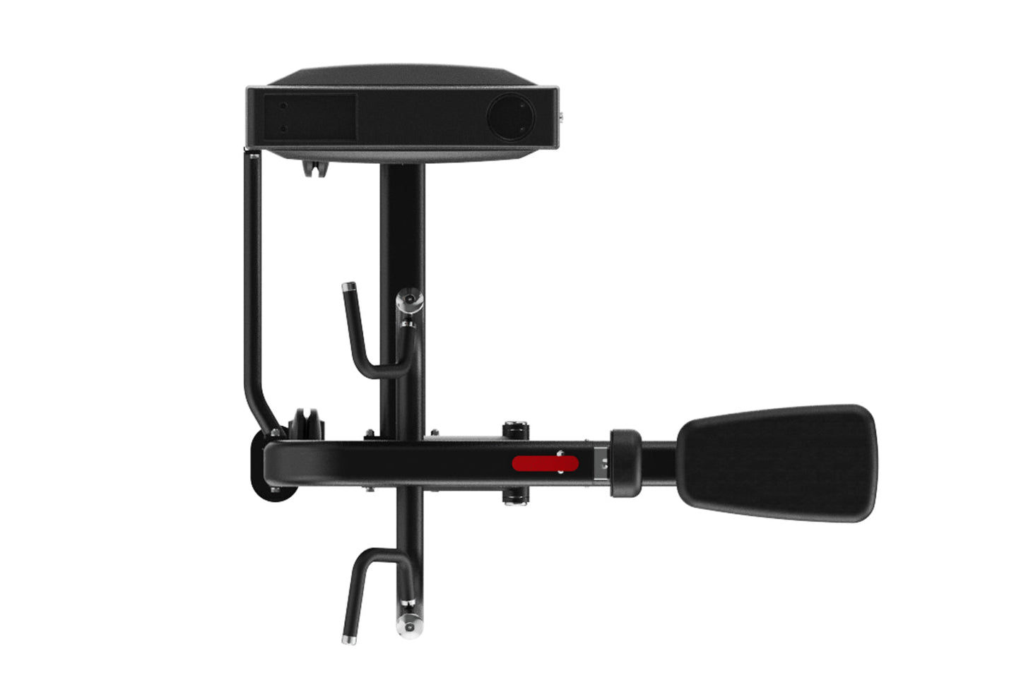 Black commercial seated row machine with padded seat, vertical support pole, horizontal arm with red accent bar, and black fo