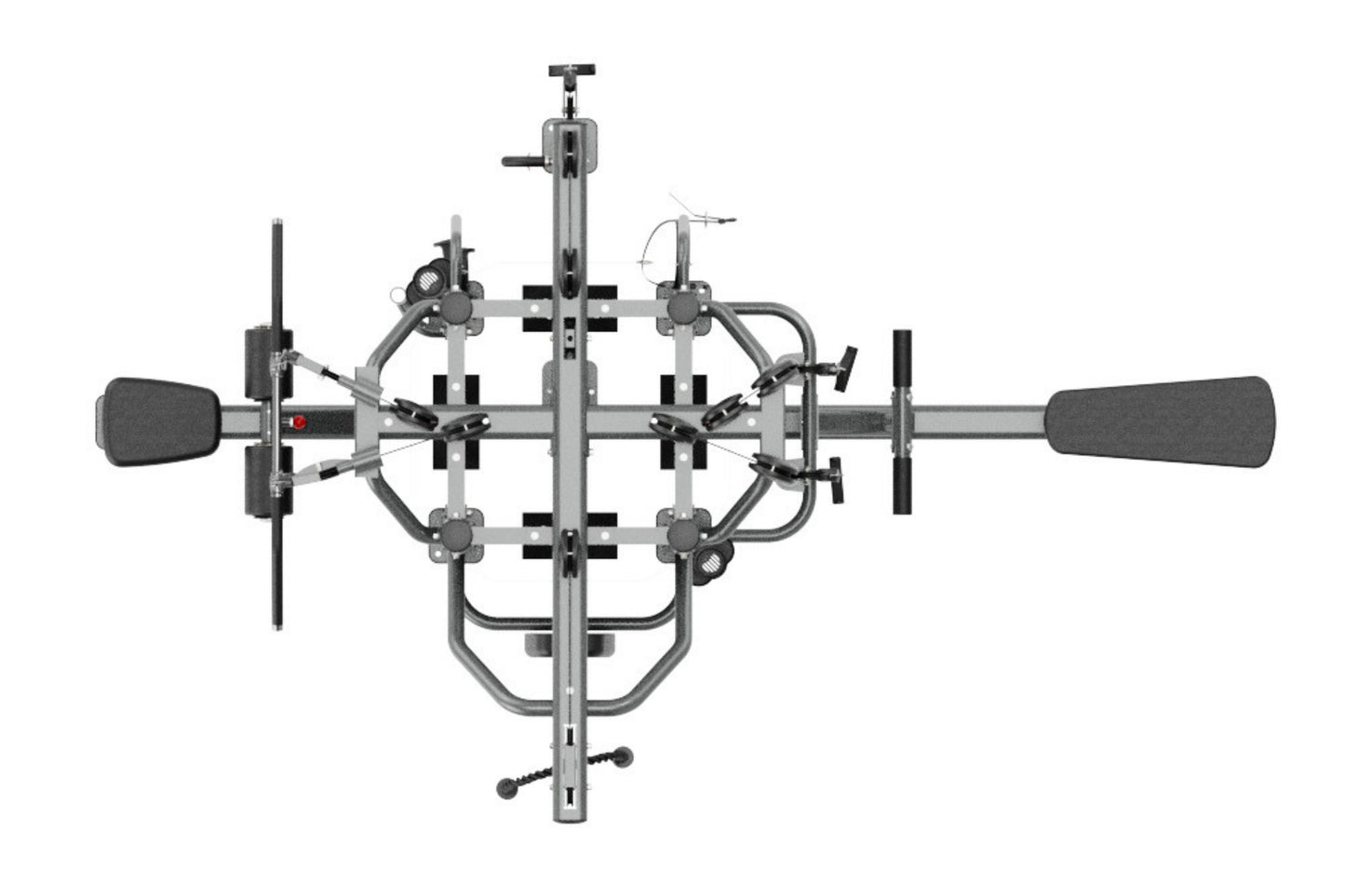 Gray and black commercial multi-station gym equipment with four weight stacks, adjustable seats, and padded handles on white