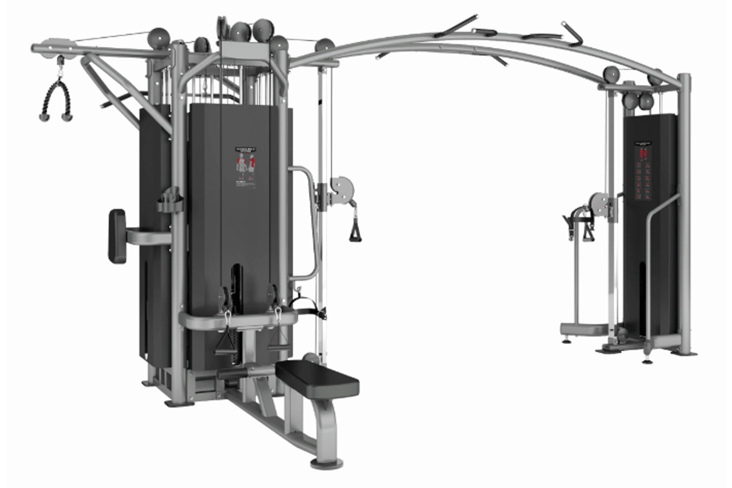Multi-station gym equipment with gray metal frame, black padded stations, and weight stack cables on white background