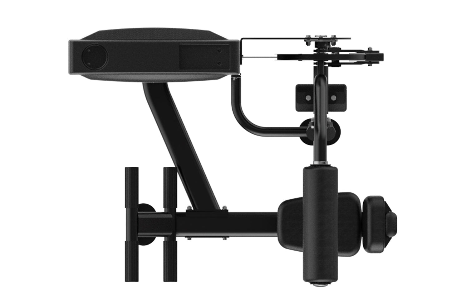 Black commercial abdominal and back extension machine with padded seat, foot plate, and adjustable arm supports on white back