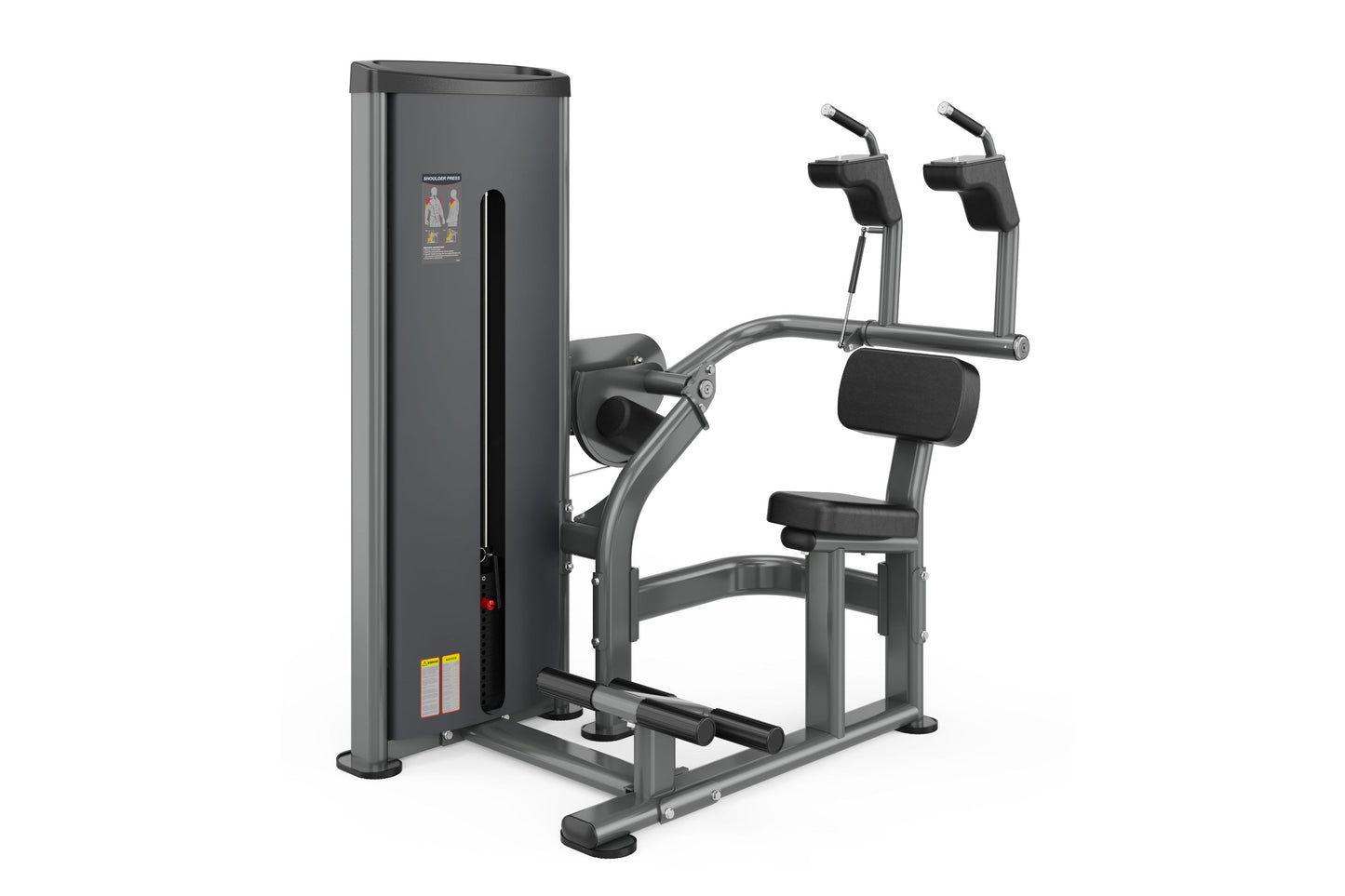 Gray and black commercial abdominal crunch machine with padded seat and leg extension, on white background