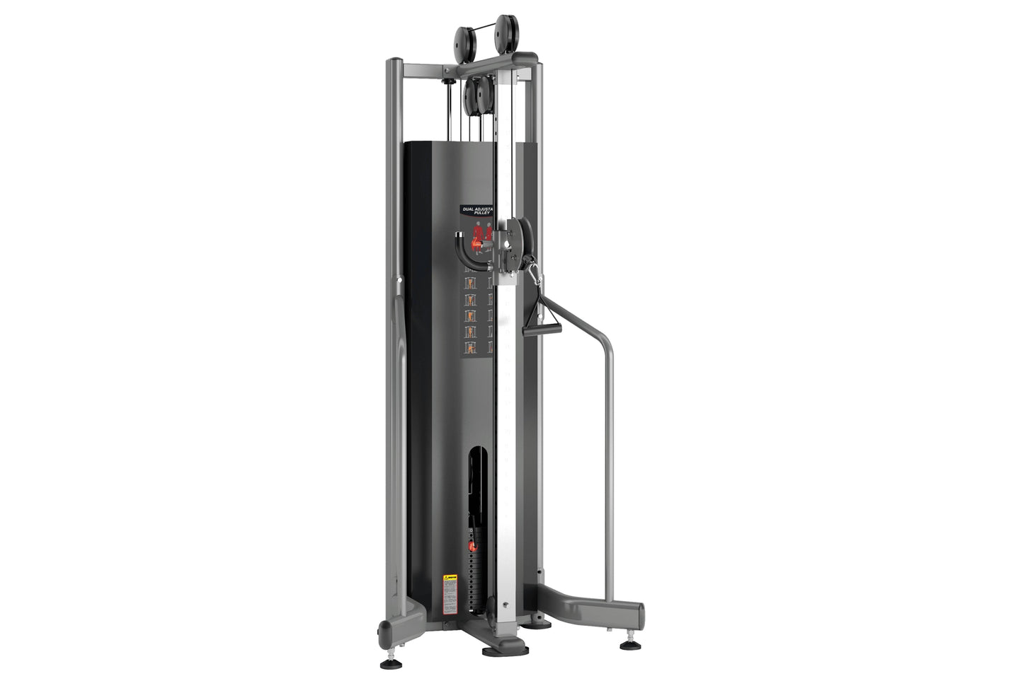 Warrior Deluxe Commercial Series dual pulley machine with gray frame, black weight stack, and foot platform on white backgrou