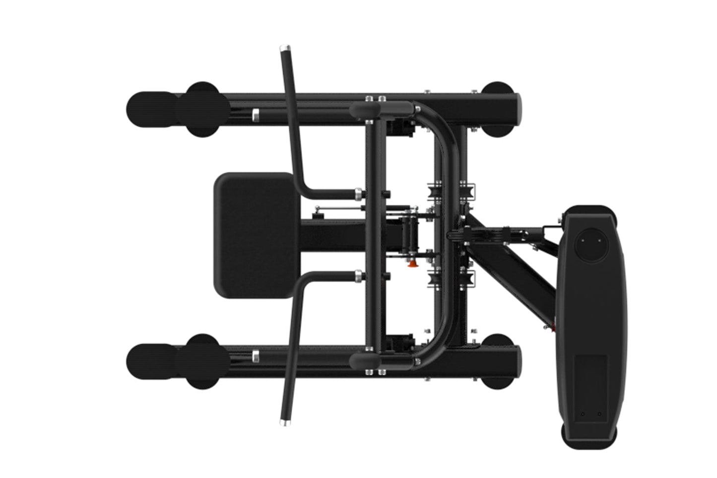 Black commercial chin dip assist machine with padded seat and handles, overhead bar, and foot platform, top view on white bac