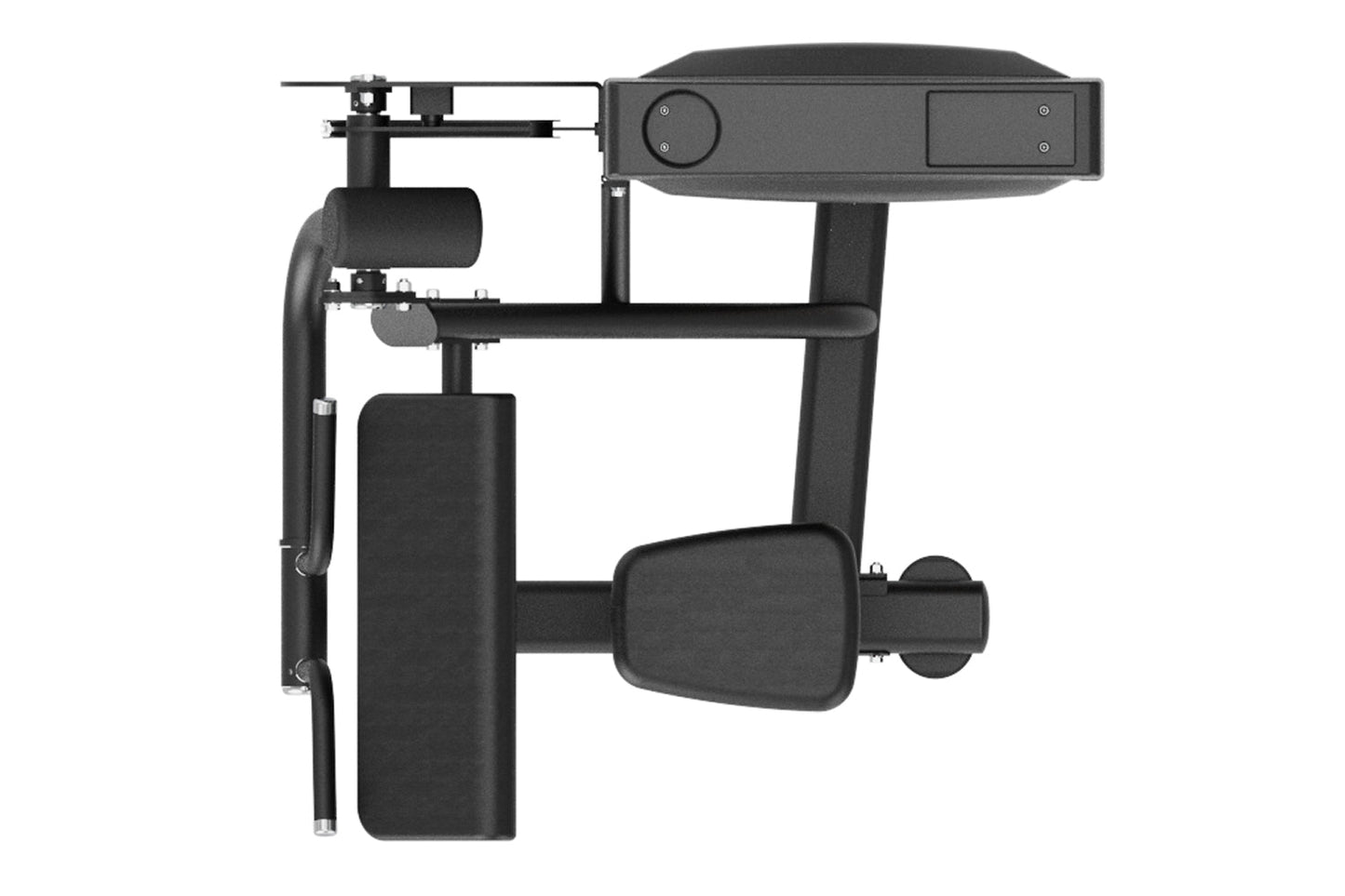 Black commercial biceps curl machine with padded arm rest, control panel with dial and buttons, and sturdy frame on white bac
