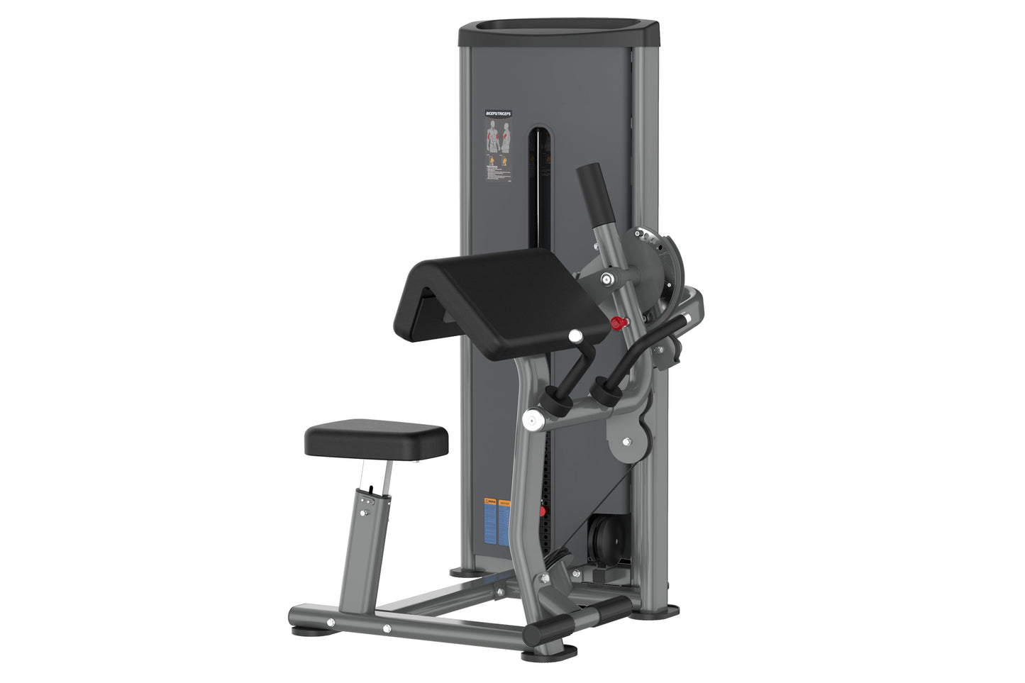 Warrior Deluxe Commercial Series biceps and triceps exercise machine with gray frame, black seat and arm pad, on white backgr