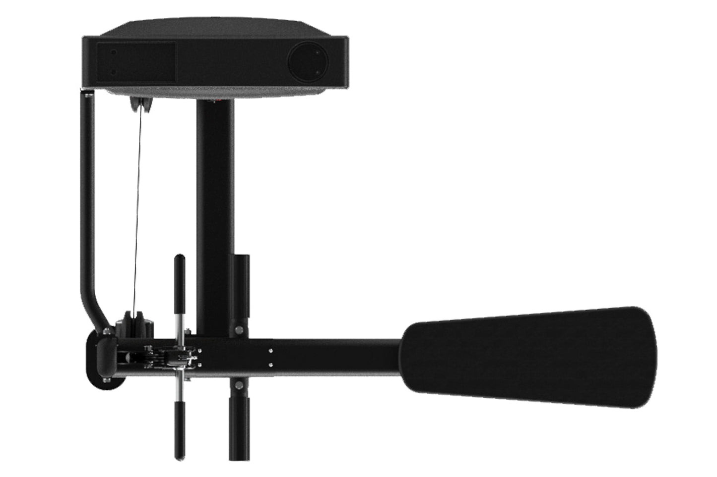 Black commercial cable seated row machine with adjustable seat, vertical supports, and handle attachment on white background