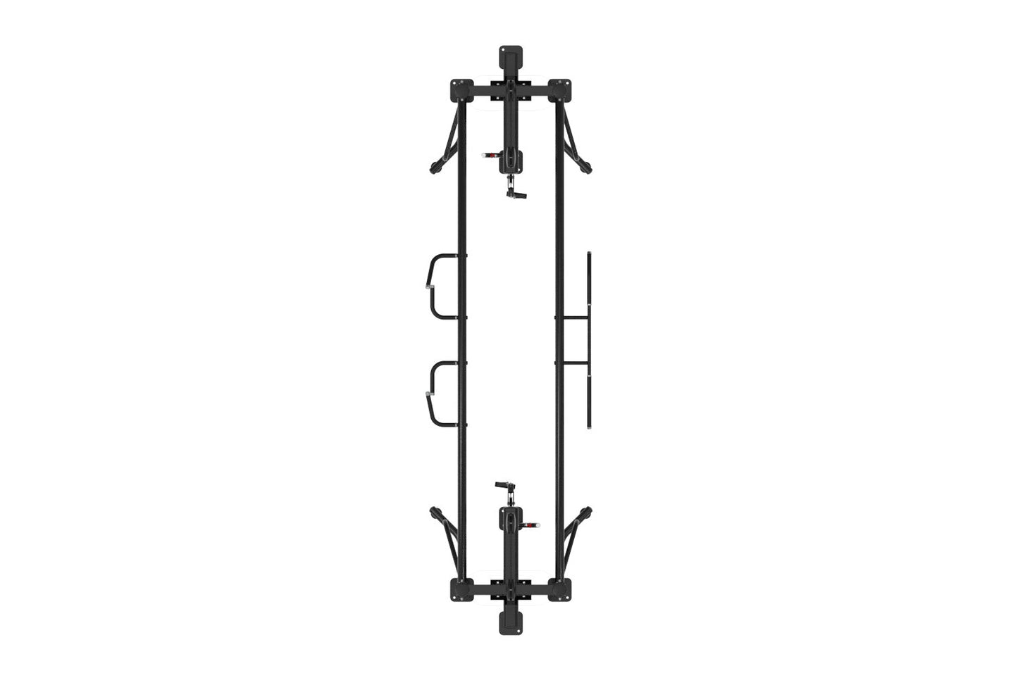 Black cable crossover machine with dual pulleys, handles, and weight pin slots on white background