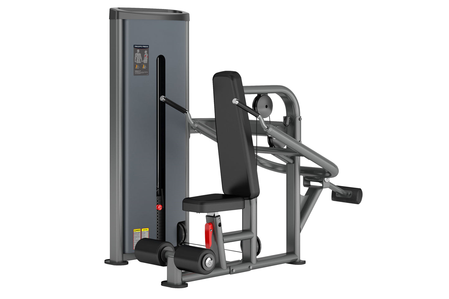 Warrior Deluxe Commercial Series Dip Press with gray frame, black padded seat and backrest, and weight stack on white backgro