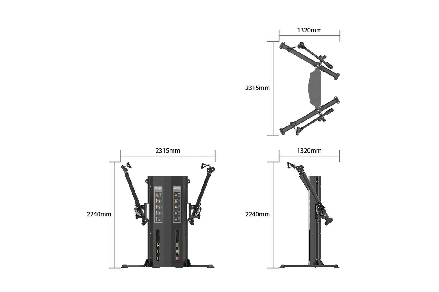 Warrior Elite Commercial Series Dual-Arm Functional Trainer with dimension specifications, front and side views showing black