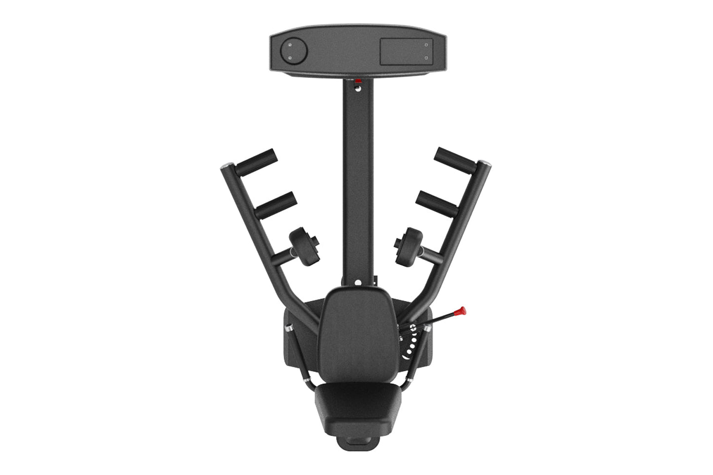 Black commercial hip abduction and adduction machine with padded seat, control panel, and dual adjustable leg handles on whit